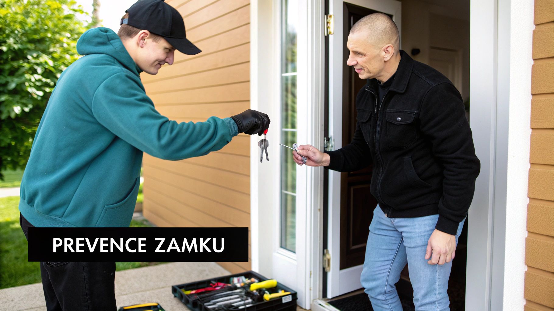 Zámečník předává klíče majiteli domu po výměně zámku, profesionální služba prevence zámku