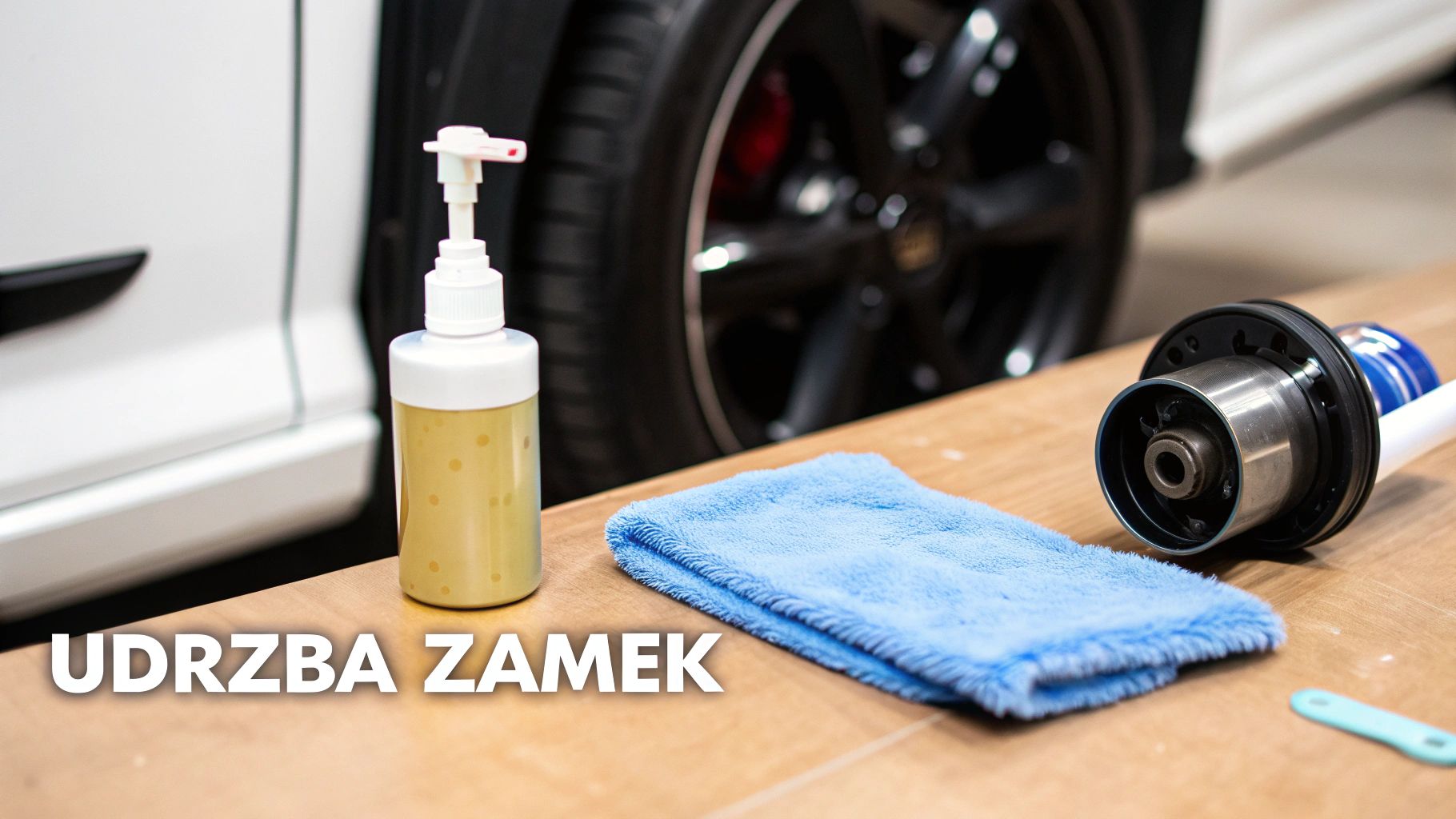 Údržba automobilových zámků - čisticí prostředek v láhvi, modrý hadřík a náhradní díl na dřevěném stole