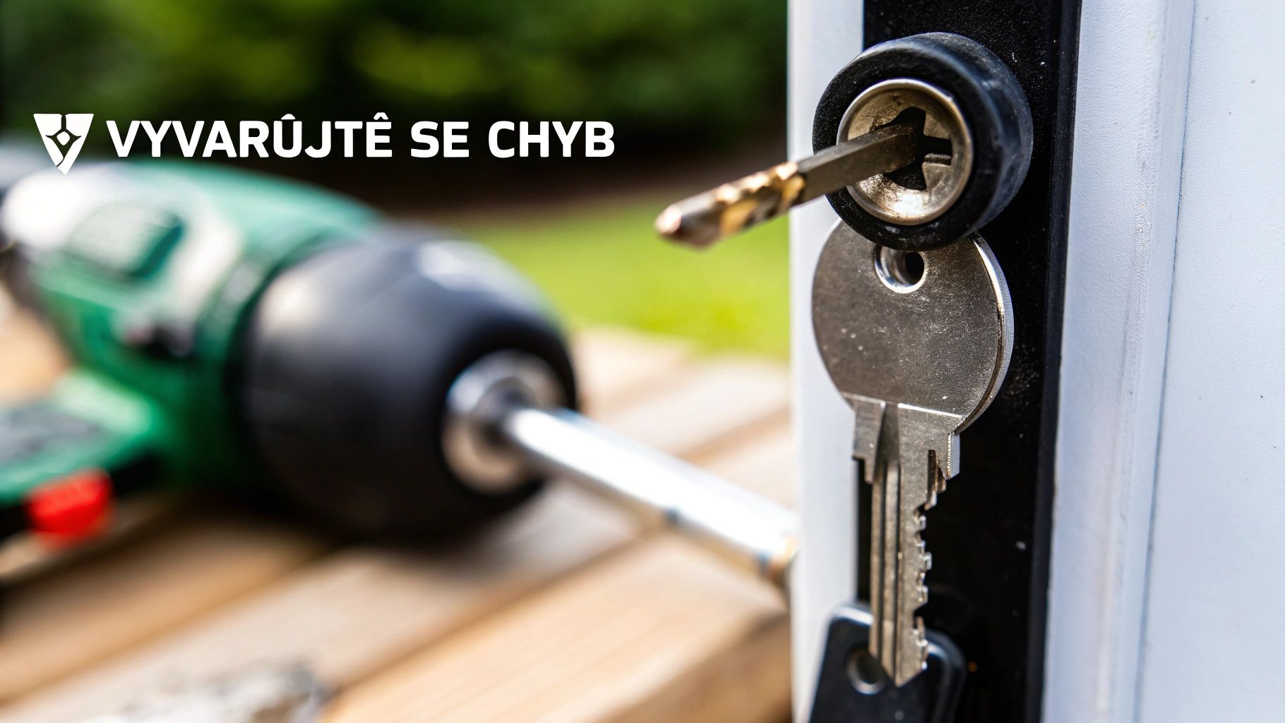 Detail zámku s zalomeným vrtákem místo klíče, visícími klíči a rozmazanou vrtačkou v pozadí.