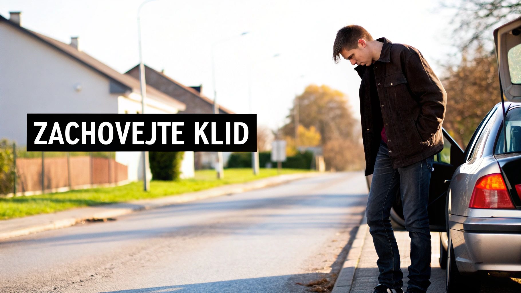 Mladý muž stojí u otevřeného kufru auta na ulici a dívá se dolů. Na obrázku je text ZACHOVEJTE KLID.