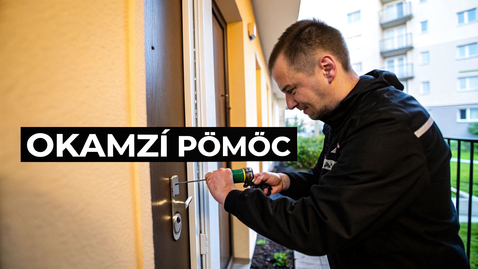Zámečník v černé bundě opravuje zámek dveří před bytem. Nápis 'OKAMŽÍ PÖMÖC' je viditelný.