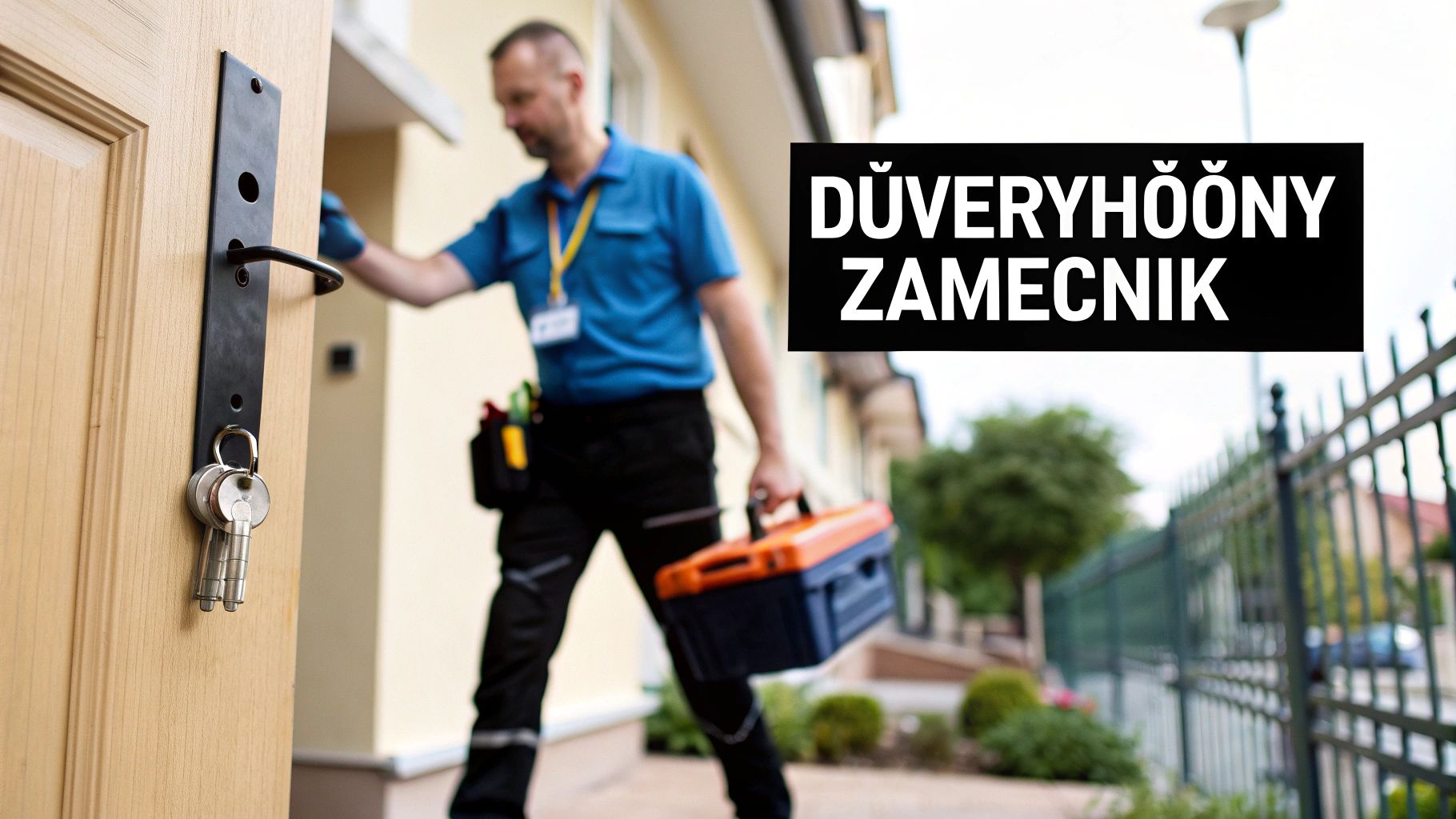 Zámečník s nářadím u otevřených dveří, na kterých visí klíče. Nápis: Důvěryhodný zámečník.
