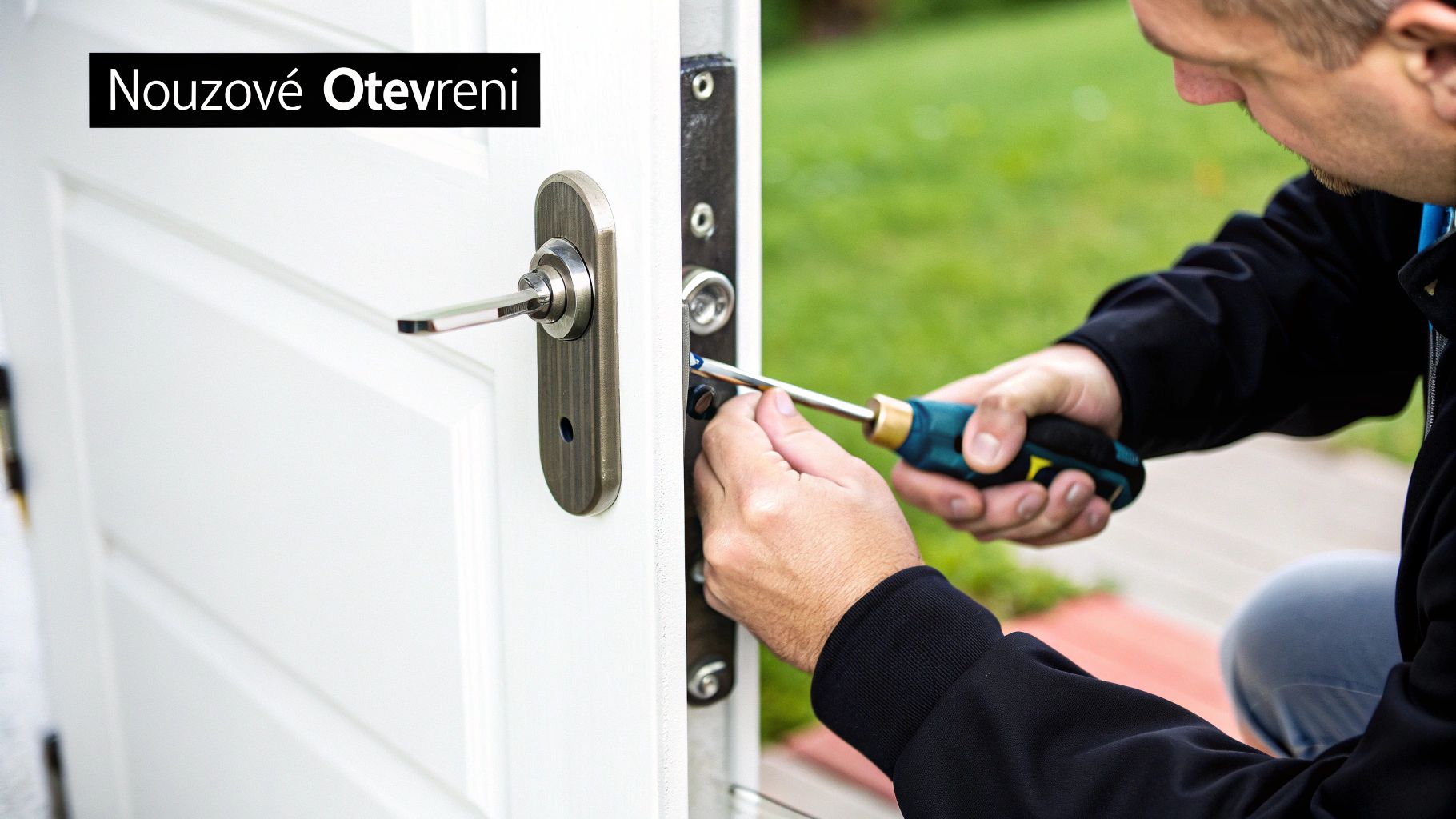 Zámečník opravuje nebo instaluje zámek bílých dveří šroubovákem, s textem Nouzové Otevření.