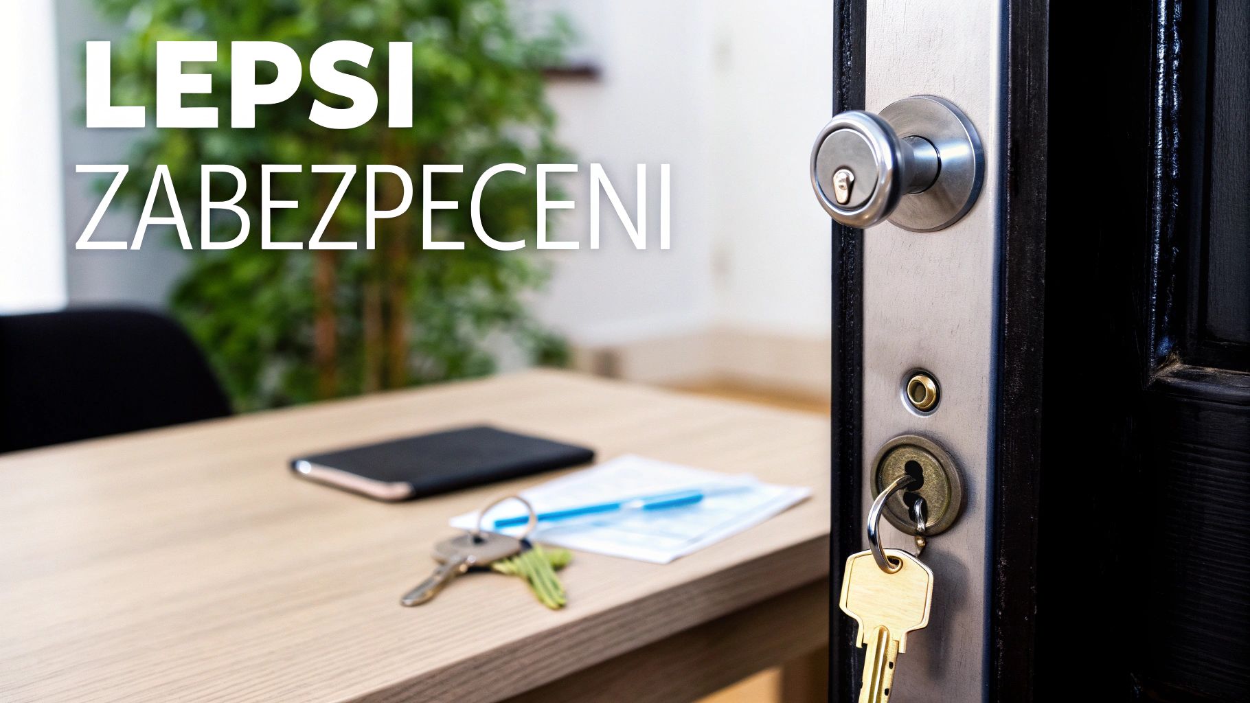 Otevřené dveře s klíči v zámku, text 'LEPSI ZABEZPECENI' a stůl s dokumenty a telefonem. Ilustrace bezpečnosti domova.