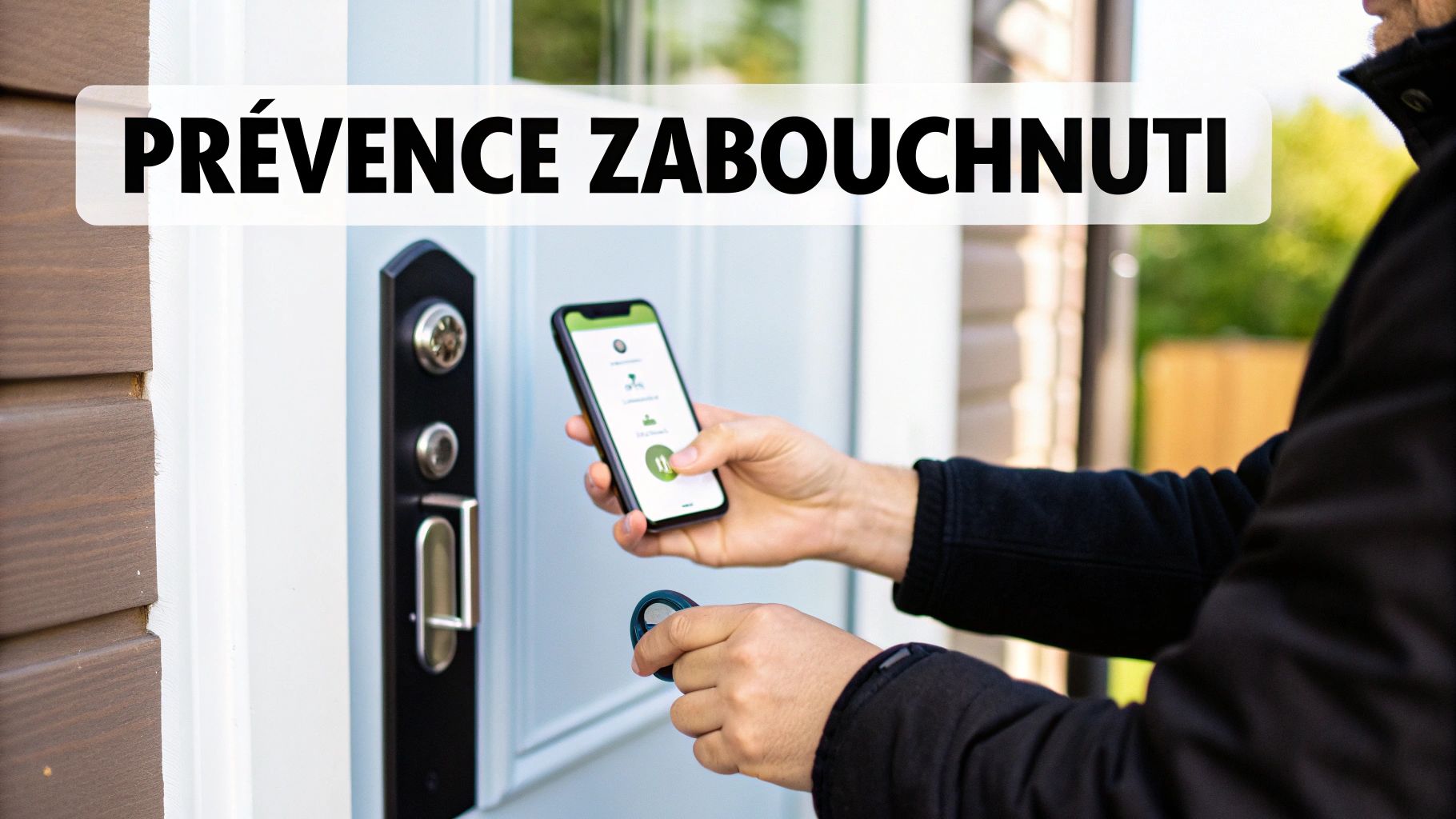Muž drží chytrý telefon s aplikací a klíčenku, ovládající chytrý zámek na bílých dveřích. Nápis: PRÉVENCE ZABOUCHNUTÍ.