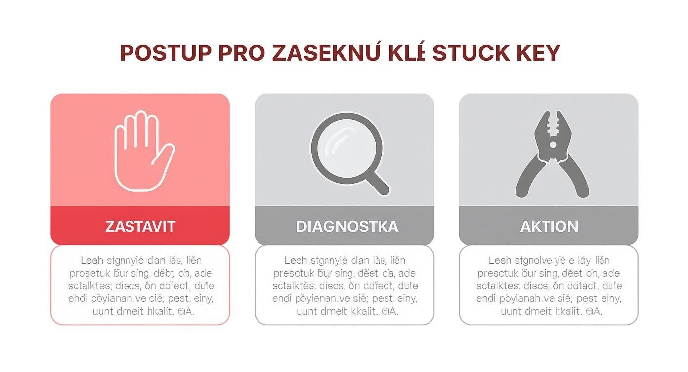 Postup pro řešení zaseknutého klíče s kroky zastavení, diagnostiky a následné akce.