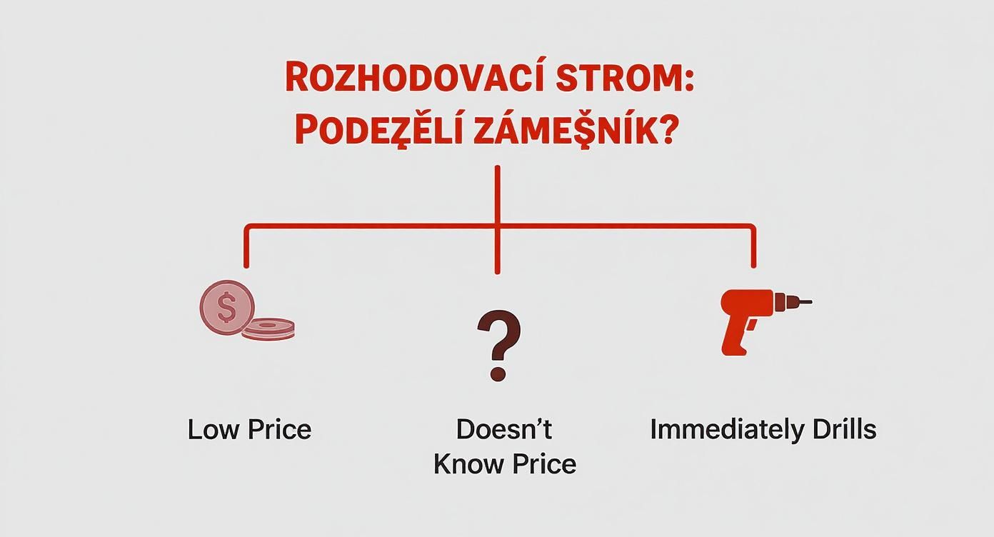 Rozhodovací strom s dotazem 'Podezřelý zámečník?' a možnostmi: nízká cena, nezná cenu, okamžitě vrtá.