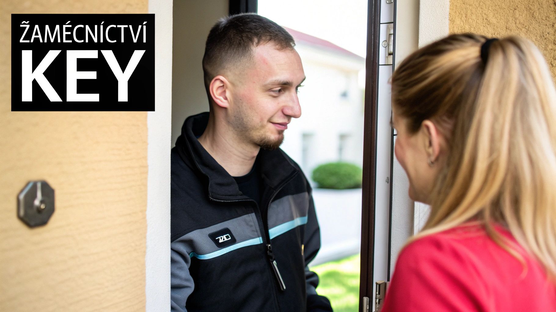 Mladý zámečník v uniformě ZÁMEČNICTVÍ KEY stojí u dveří a usmívá se na zákaznici.