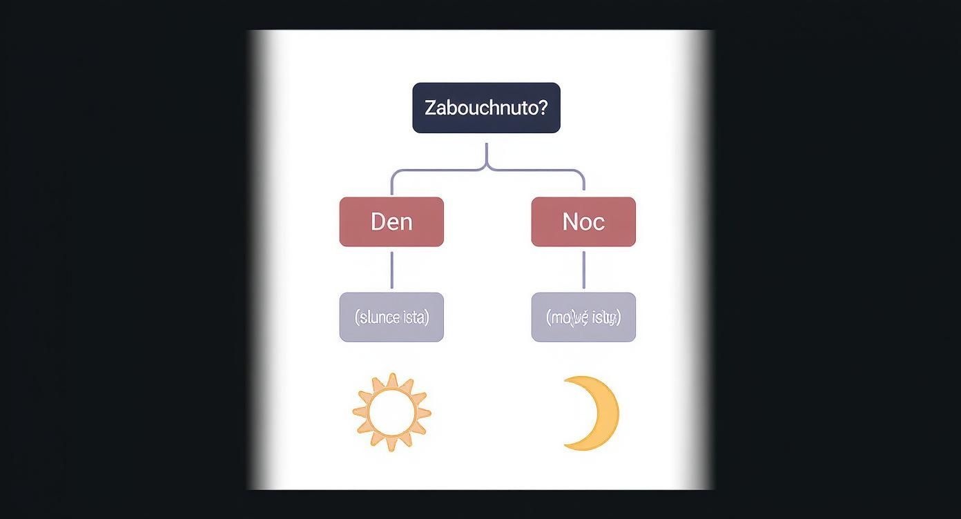 Diagram znázorňující rozhodovací strom pro 'Zabouchnuto?' s volbami 'Den' (Slunce) a 'Noc' (Měsíc).