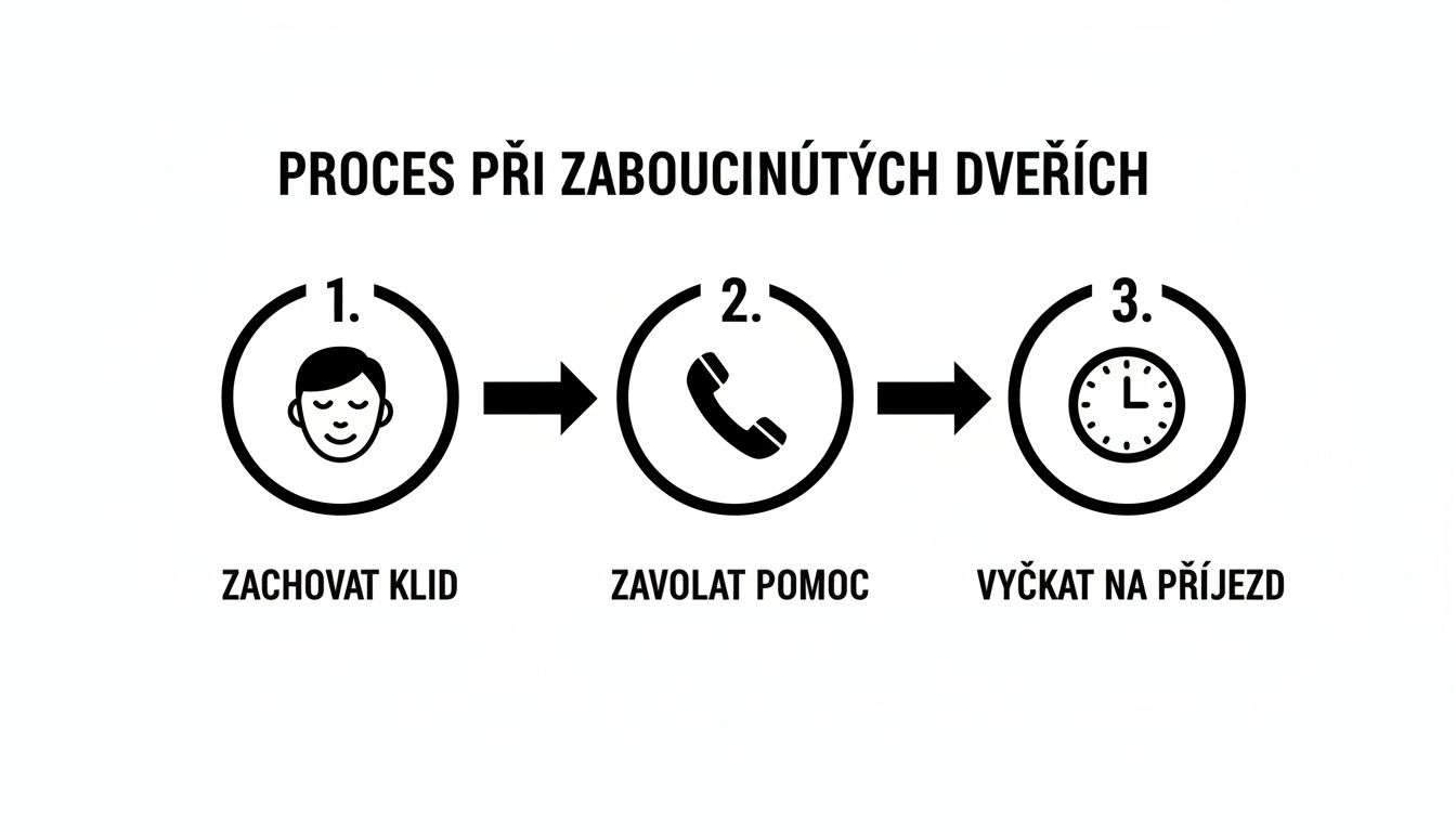 Diagram zobrazuje tříkrokový proces, jak postupovat při zabouchnutých dveřích: zachovat klid, zavolat pomoc a vyčkat na příjezd.