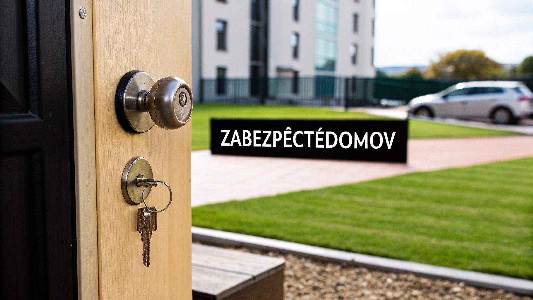 Otevřené dveře domu s klíči v zámku a cedulí ZABEZPEČTE DOMOV na trávníku.