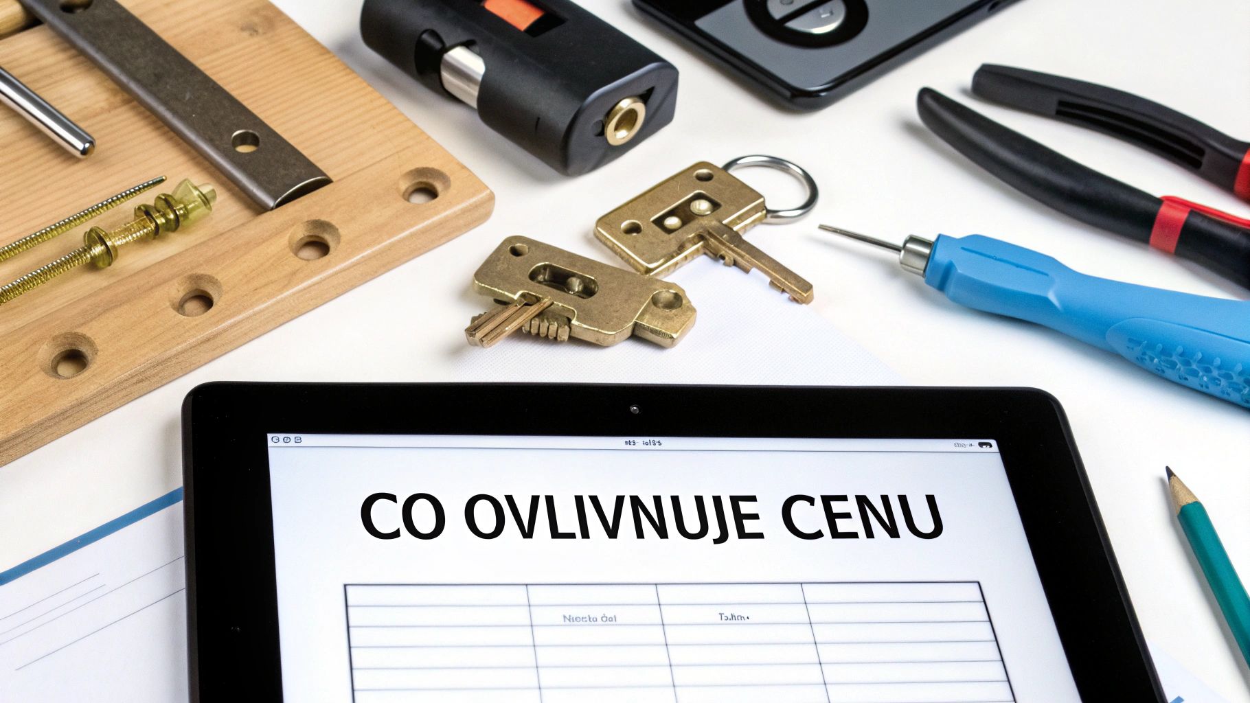 Zámečnické nástroje, klíče a tablet s textem 'Co ovlivňuje cenu' na bílém podkladu.