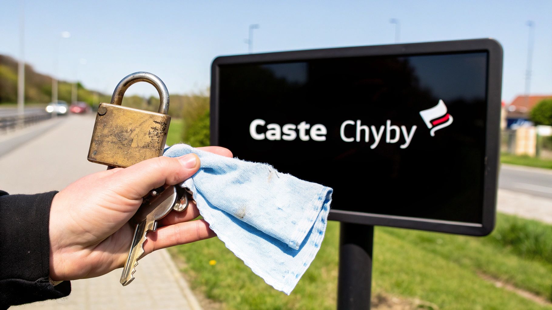 Ruka drží starý visací zámek a klíče s modrým hadříkem, v pozadí je cedule s nápisem Caste Chyby.