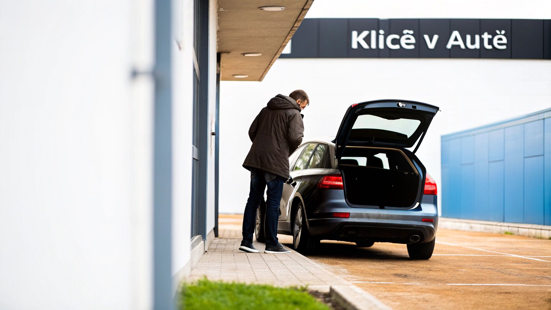 Muž stojí u tmavého auta s otevřeným kufrem, možná řeší problém s klíči. Nápis "Klíče v Autě" nad ním.