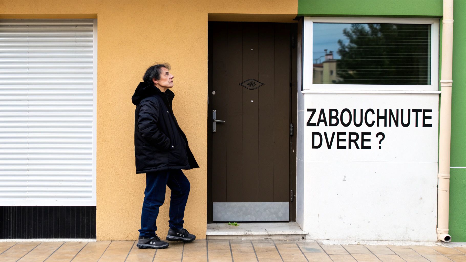 Muž v černé bundě a džínách stojí před dveřmi s nápisem „ZABOUCHNUTE DVERE?“, dívá se vzhůru.