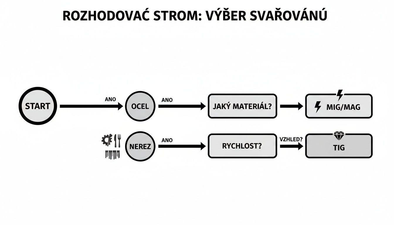 Rozhodovací strom pro výběr svařování: ocel vede k MIG/MAG, nerez k TIG metodě.
