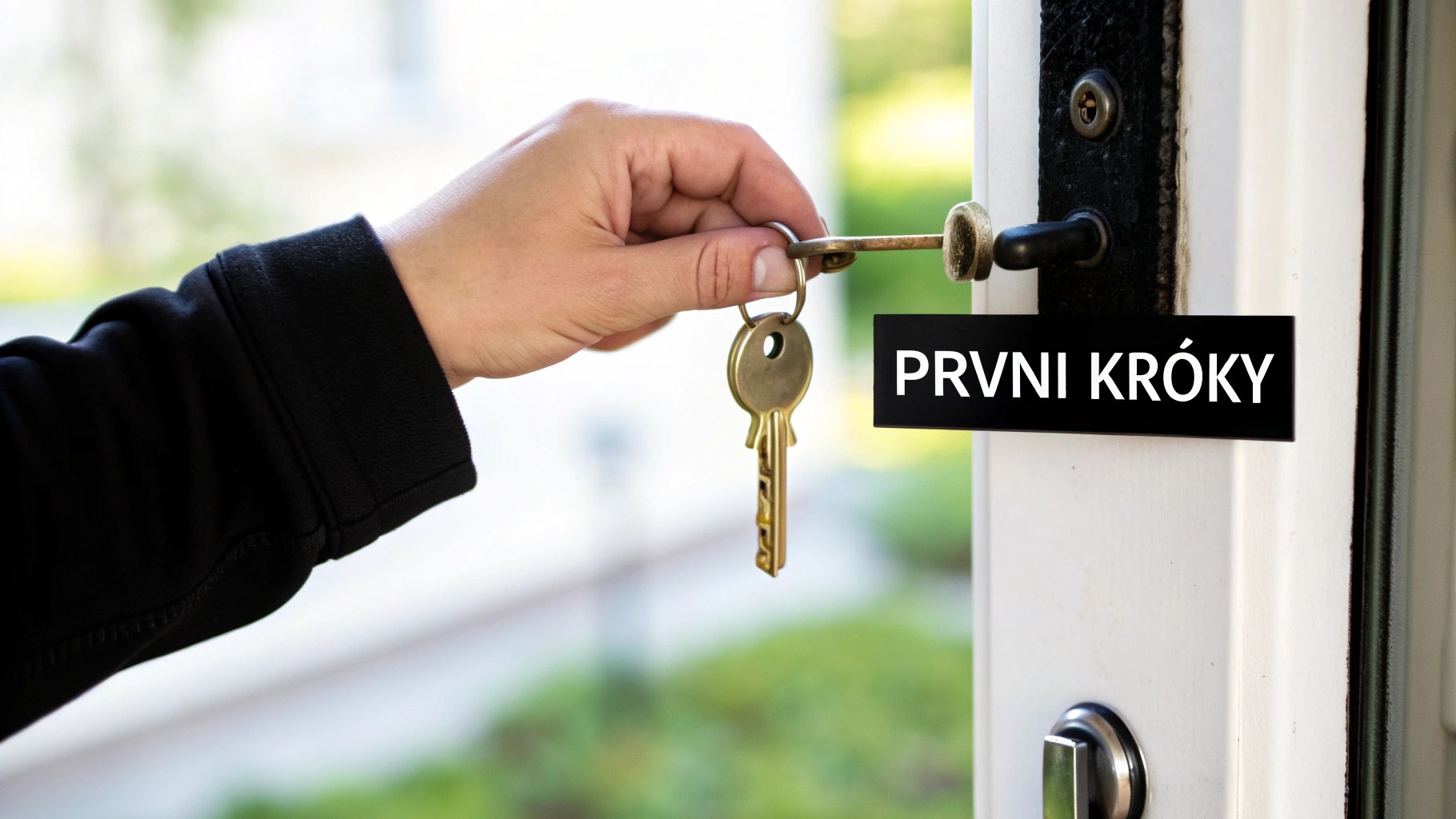 Ruka vkládá klíč do zámku bílých dveří, se zprávou PRVNÍ KROKY na černém štítku, symbolizující nový začátek.