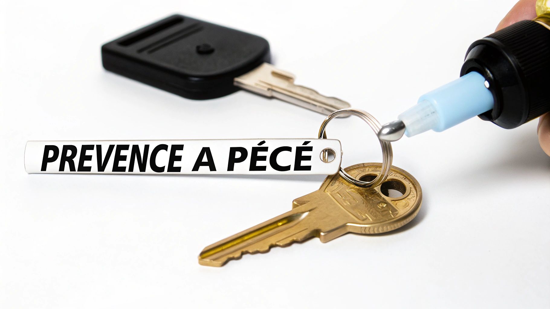 Klíčenka s nápisem 'PREVENCE A PÉČE' připojená ke klíči od auta a domu. Vedle je psací nástroj.