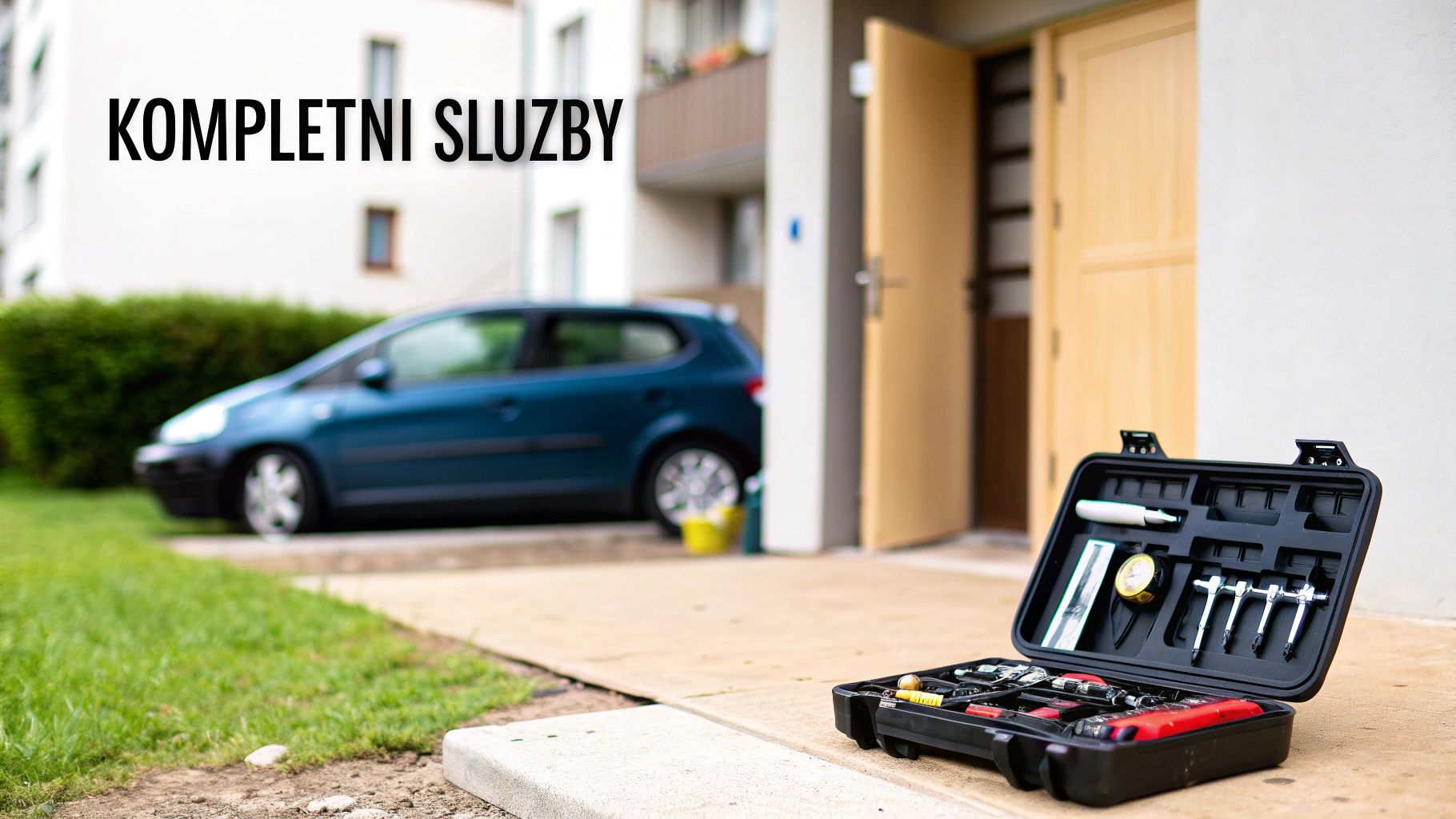 Otevřený černý kufřík s nářadím na zemi před domem, v pozadí auto. Nápis: KOMPLETNÍ SLUŽBY.