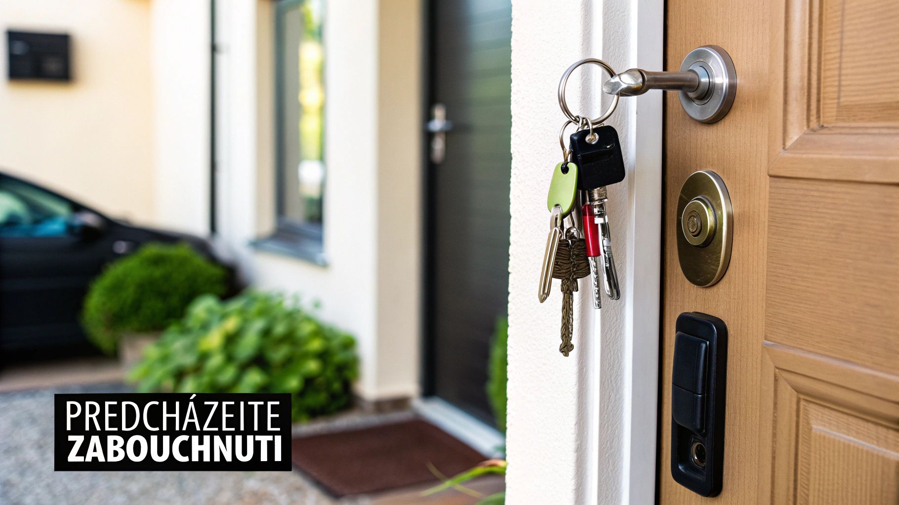 Sada klíčů visících na klice pootevřených dveří, v pozadí vchod do moderního domu.