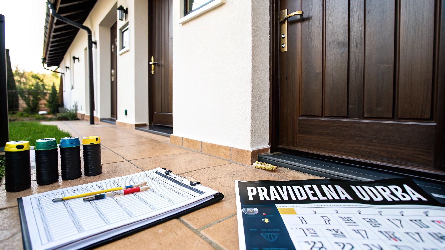 Pasti na škůdce, zápisník a plakát 'Pravidelná údržba' na terase u domu.