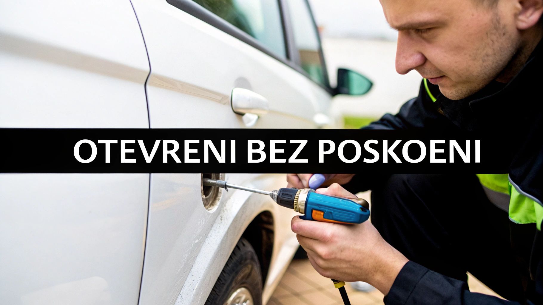 Muž otevírá palivovou nádrž bílého auta speciálním nástrojem, s textem 'Otevření bez poškození'.