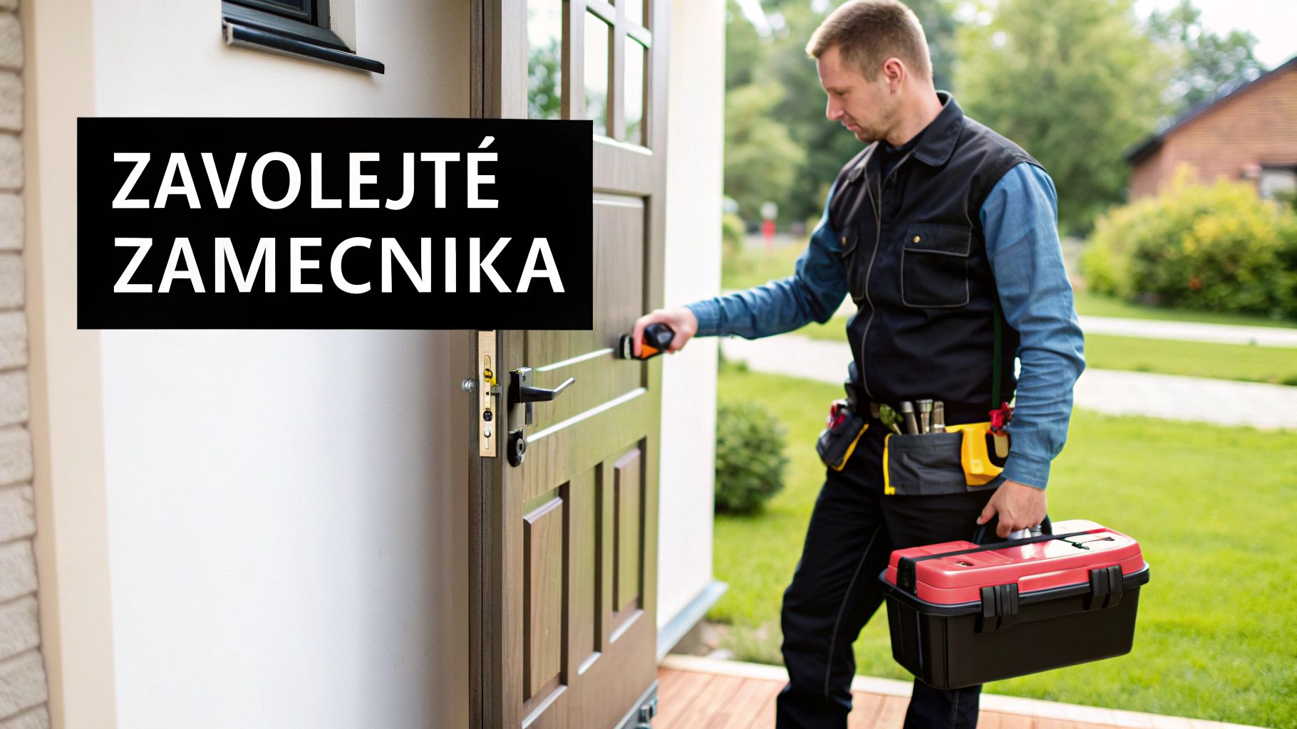 Zámečník v pracovní uniformě s nářadím u vchodových dveří, připraven je otevřít.