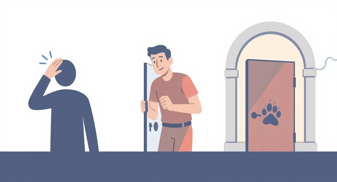 Zmatený člověk s rukou na hlavě, usmívající se muž za dveřmi a dveře s otiskem tlapky.