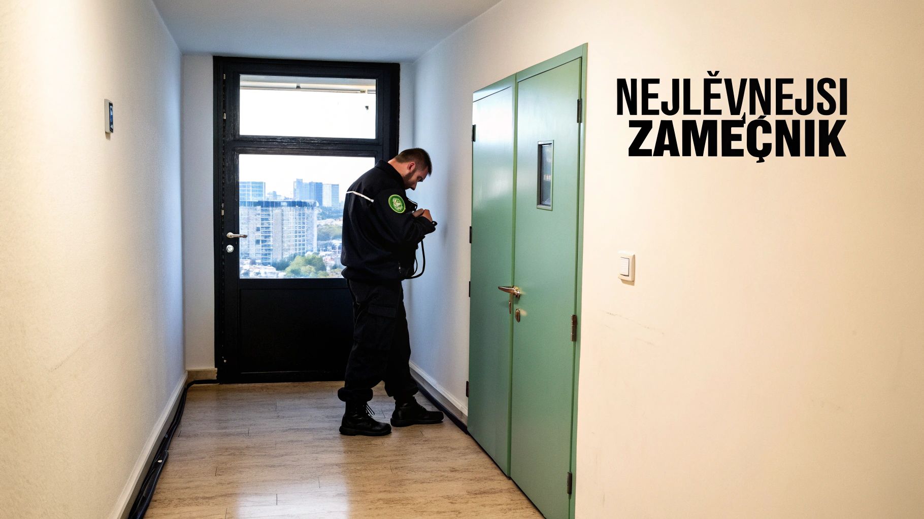 Muž v uniformě stojí v chodbě s výhledem na město a zelenými dveřmi, na zdi je nápis Nejlevnější zámečník.