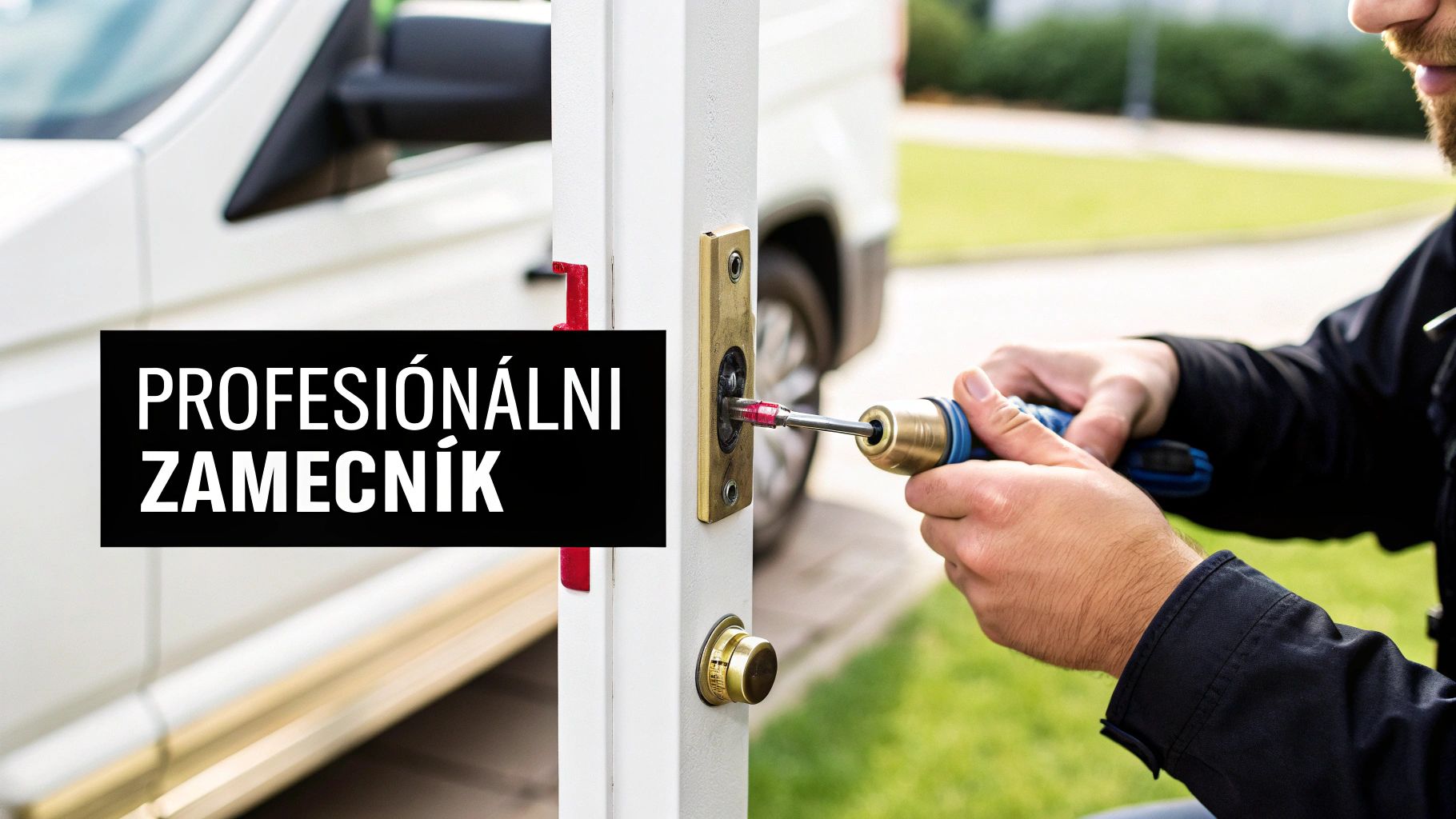 Profesionální zámečník opravuje zámek dveří šroubovákem, s bílou dodávkou v pozadí.