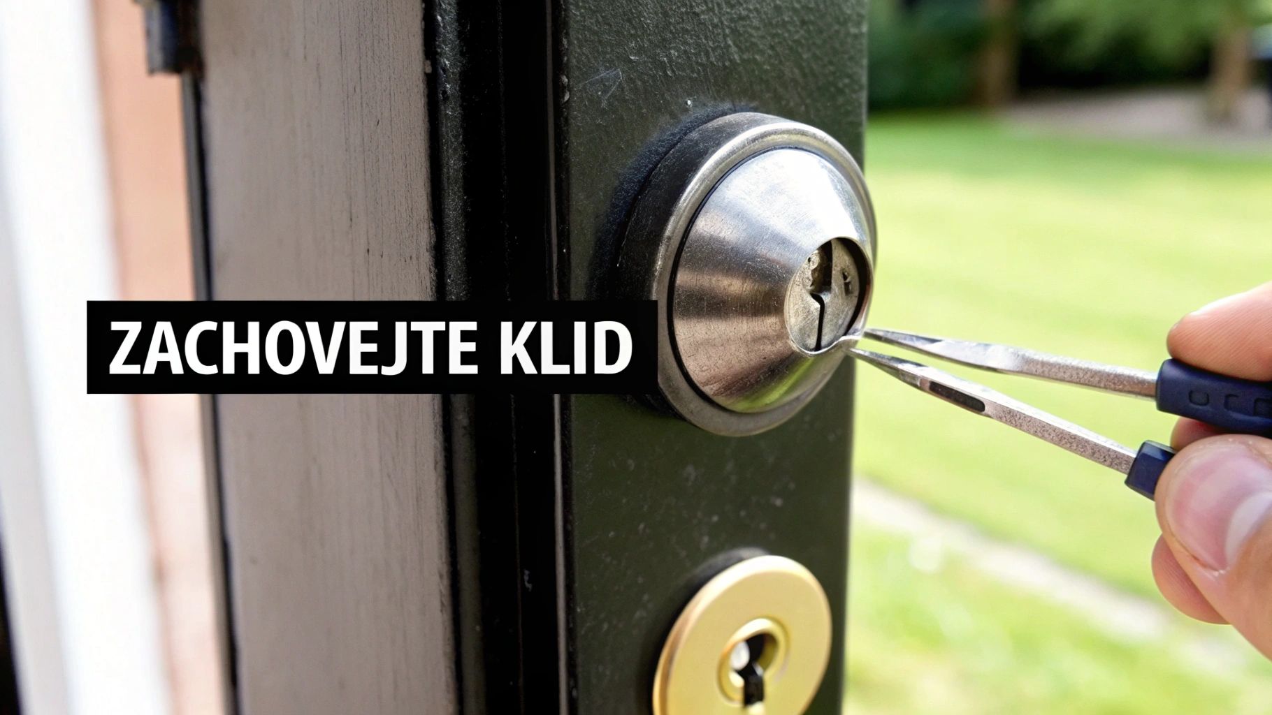 Ruka se snaží vyndat zlomený klíč z cylindrického zámku dveří. Na obrázku je text 'ZACHOVEJTE KLID'.