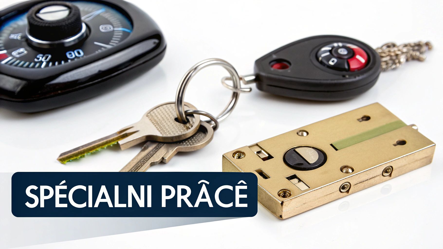 Sada zámečnických nástrojů: kombinační zámek, klíče na kroužku, dálkové ovládání a speciální zámek na bílém pozadí, doplněné nápisem Speciální práce.