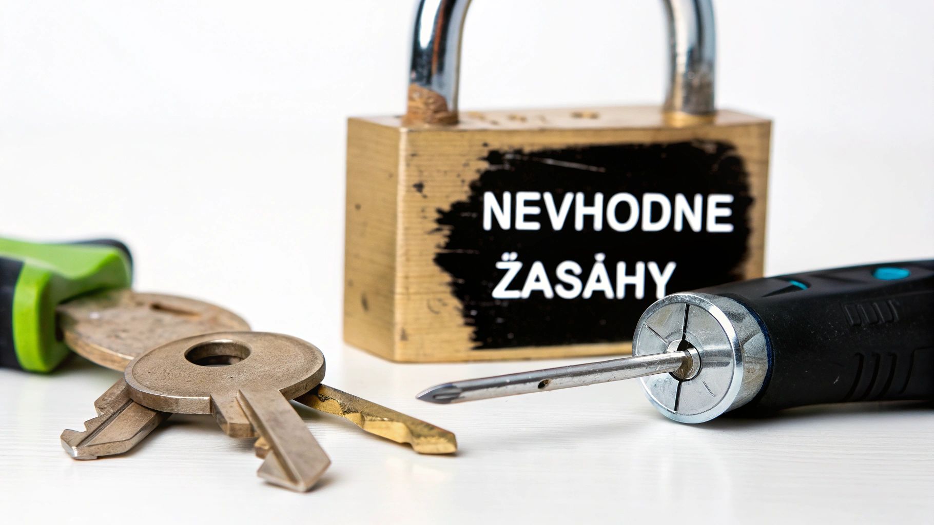 Visací zámek s nápisem 'Nevhodné zásahy', s klíči a nástrojem pro otevírání zámků na bílém stole.
