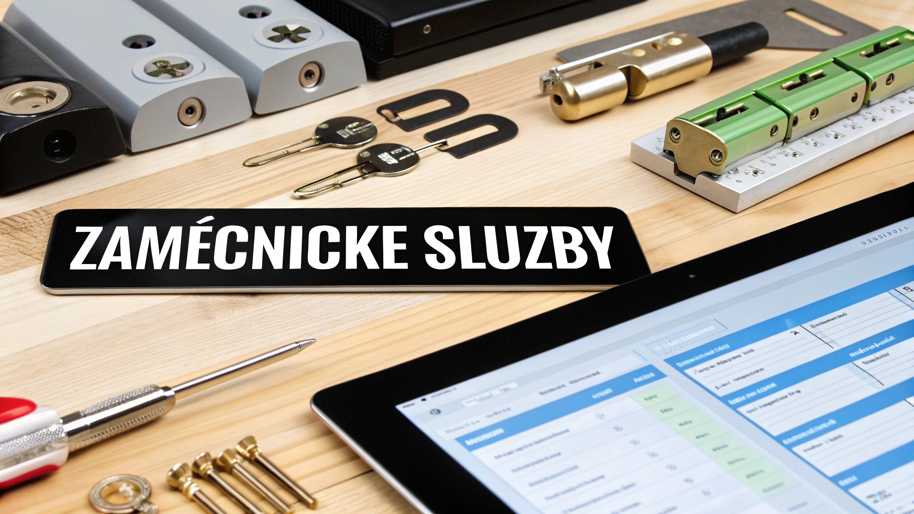 Zámečnické služby - profesionální nářadí, cylindrické vložky, klíče a tablet na pracovním stole
