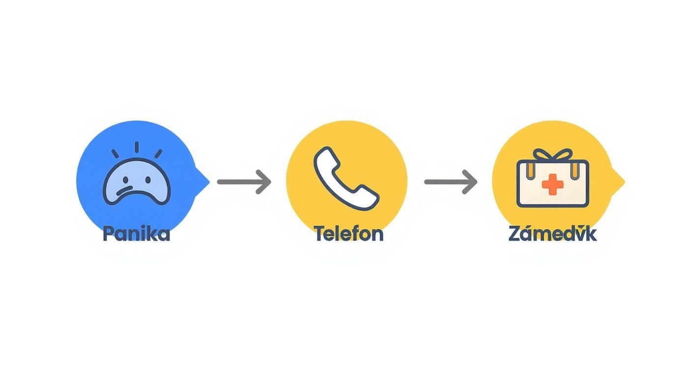 Grafika znázorňující paniku vedoucí k volání na telefon a následně k první pomoci nebo záchranné službě.