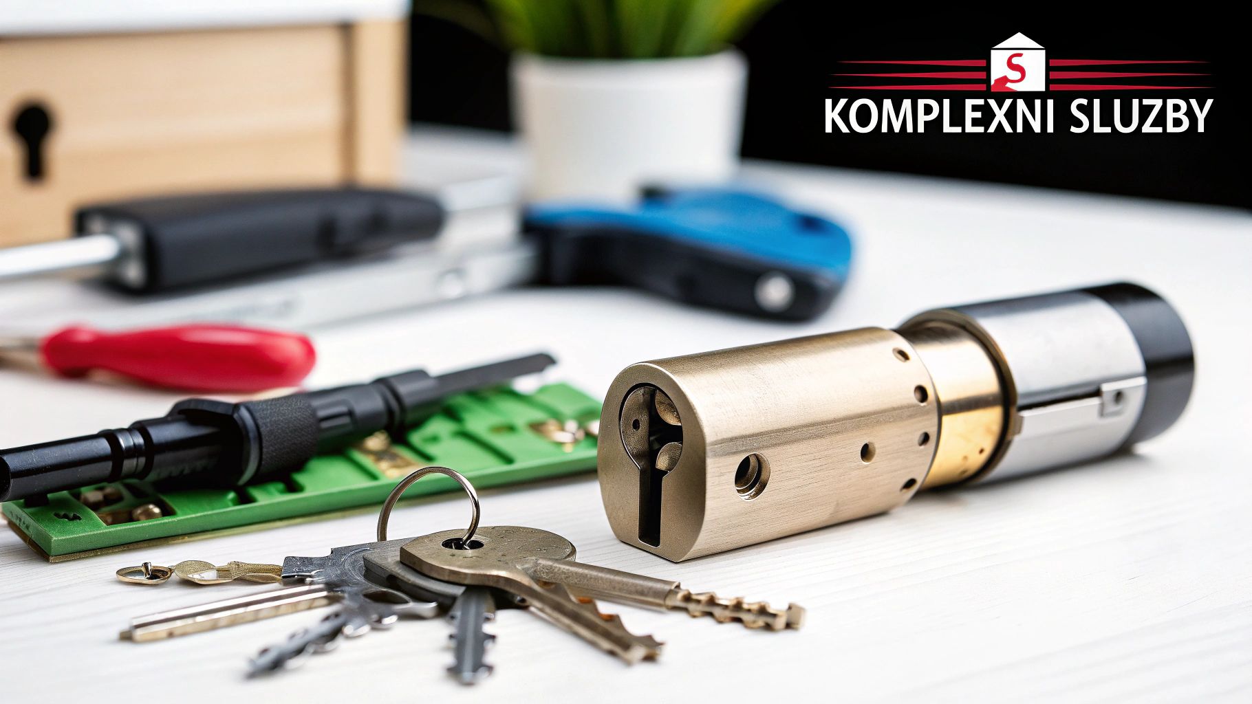 Zámečnické nářadí, klíče a cylindrická vložka zámku na bílém stole s logem Komplexní Služby.