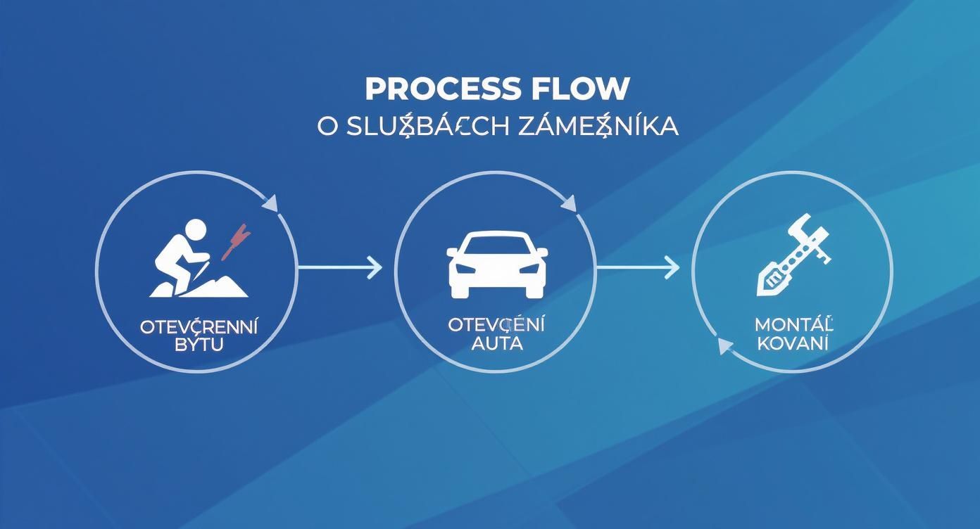 Proces záměčnických služeb: otevření bytu, otevření auta a montáž kování znázorněný diagramem