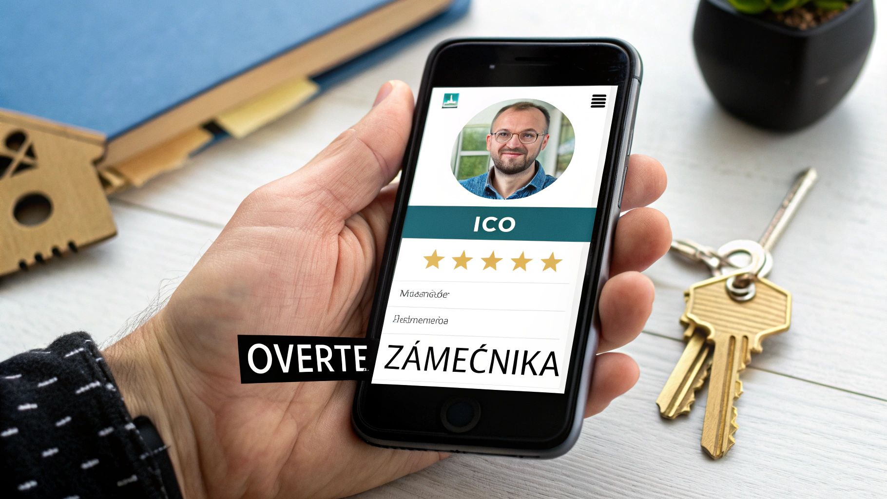 Ruka drží chytrý telefon zobrazující profil zámečníka s hodnocením a detaily, na stole leží klíče.