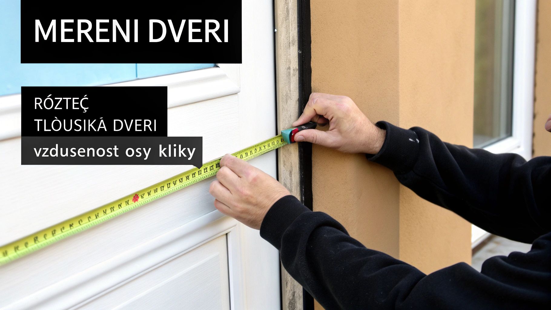 Měření rozteče bezpečnostního kování na dveřích pomocí žlutého svinovacího metru