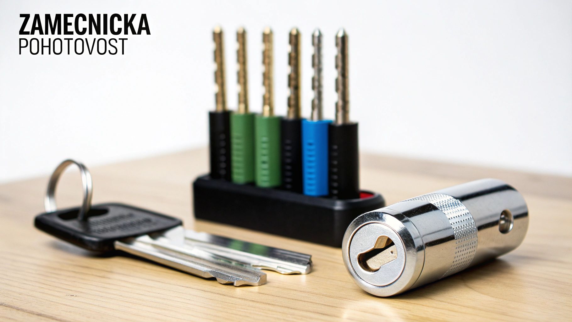 Sada zámečnického nářadí s klíči a cylindrickou vložkou, symbolizující zámečnickou pohotovost a servis.