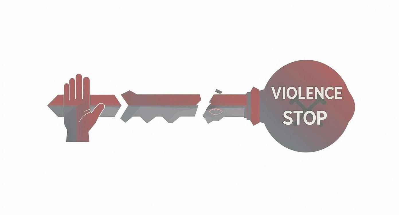 Zlomený klíč s nápisem 'VIOLENCE STOP' a ruka symbolizující zastavení násilí.