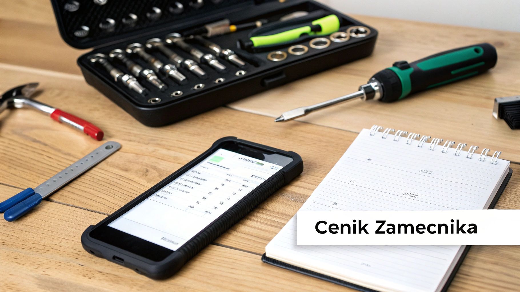 Detailní záběr na stůl s nářadím zámečníka, chytrým telefonem a otevřeným zápisníkem s ceníkem.