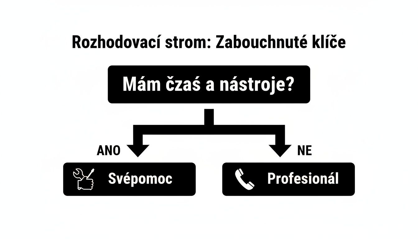 Rozhodovací strom pro zabouchnuté klíče s otázkou na čas a nástroje, vedoucí k svépomoci nebo profesionálovi.