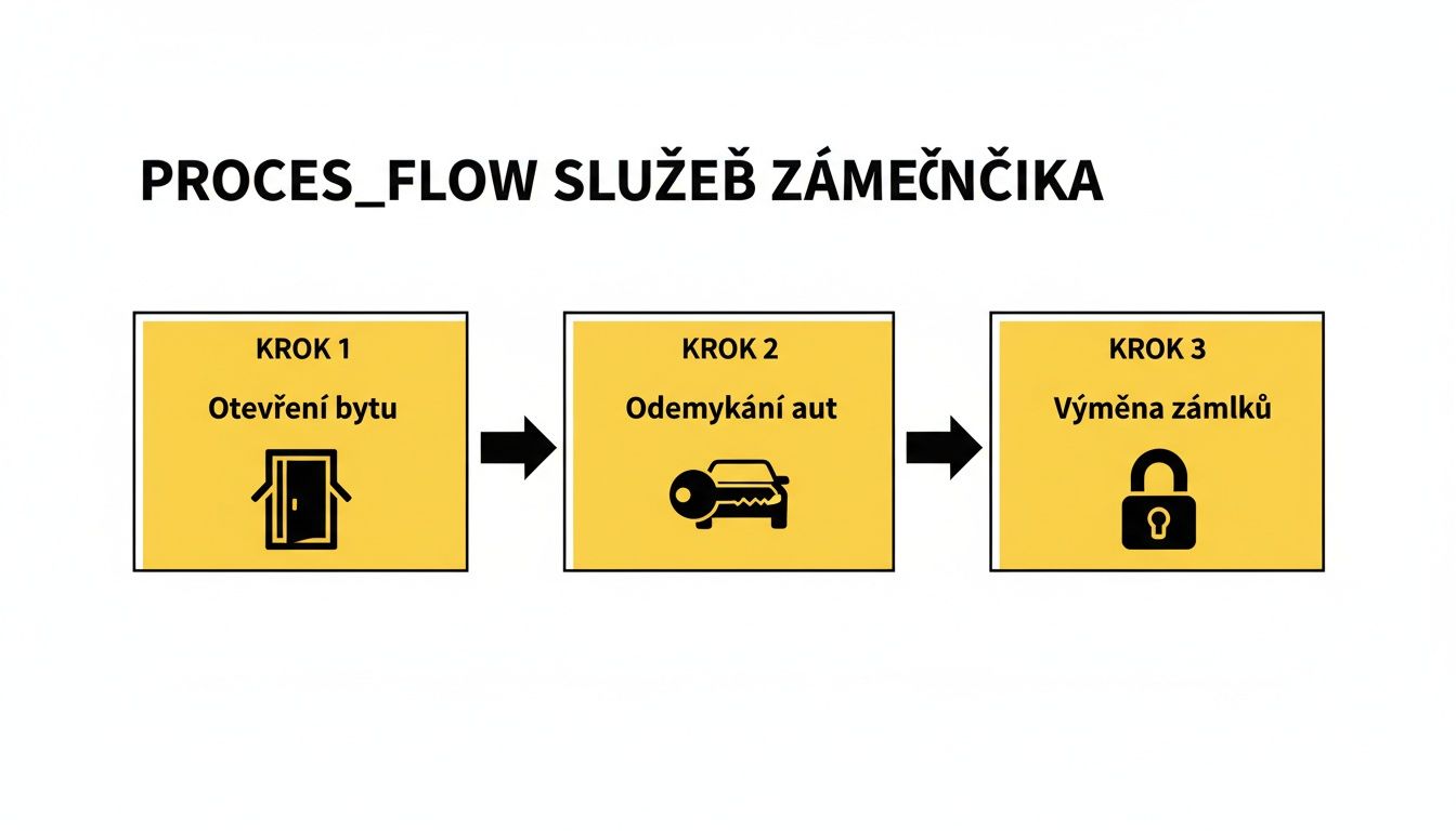 Procesní diagram služeb zámečníka: otevření bytu, odemykání aut a výměna zámků.