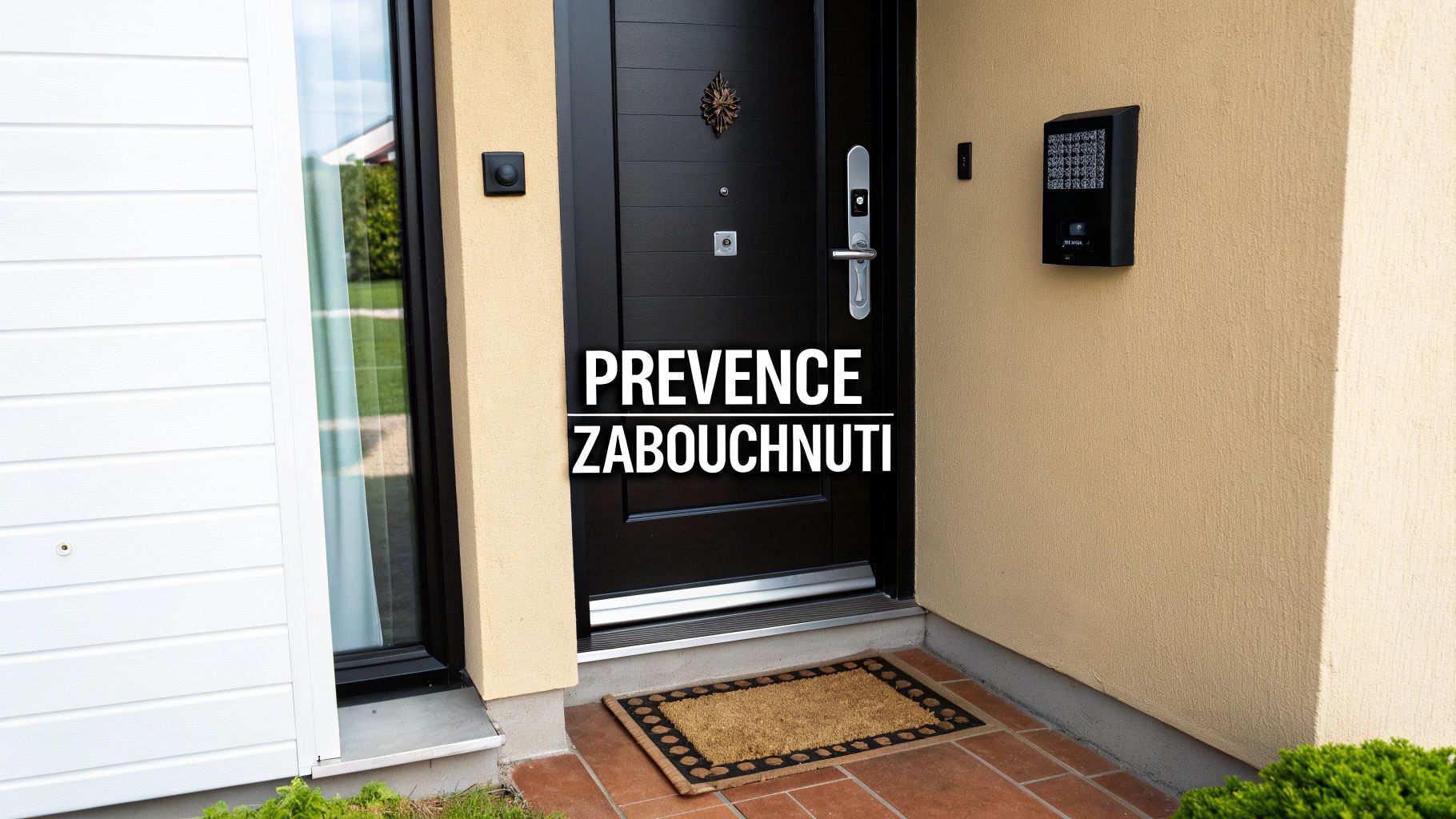 Moderní černé vchodové dveře se stříbrnou klikou, zvonkem a interkomem. Před dveřmi leží rohožka a je zde nápis PREVENCE ZABOUCHNUTÍ.