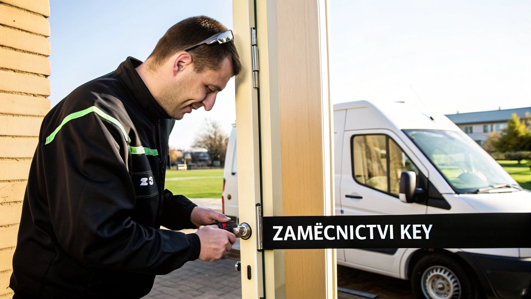 Zámečník s brýlemi na hlavě opravuje zámek dveří. V pozadí je bílá dodávka.