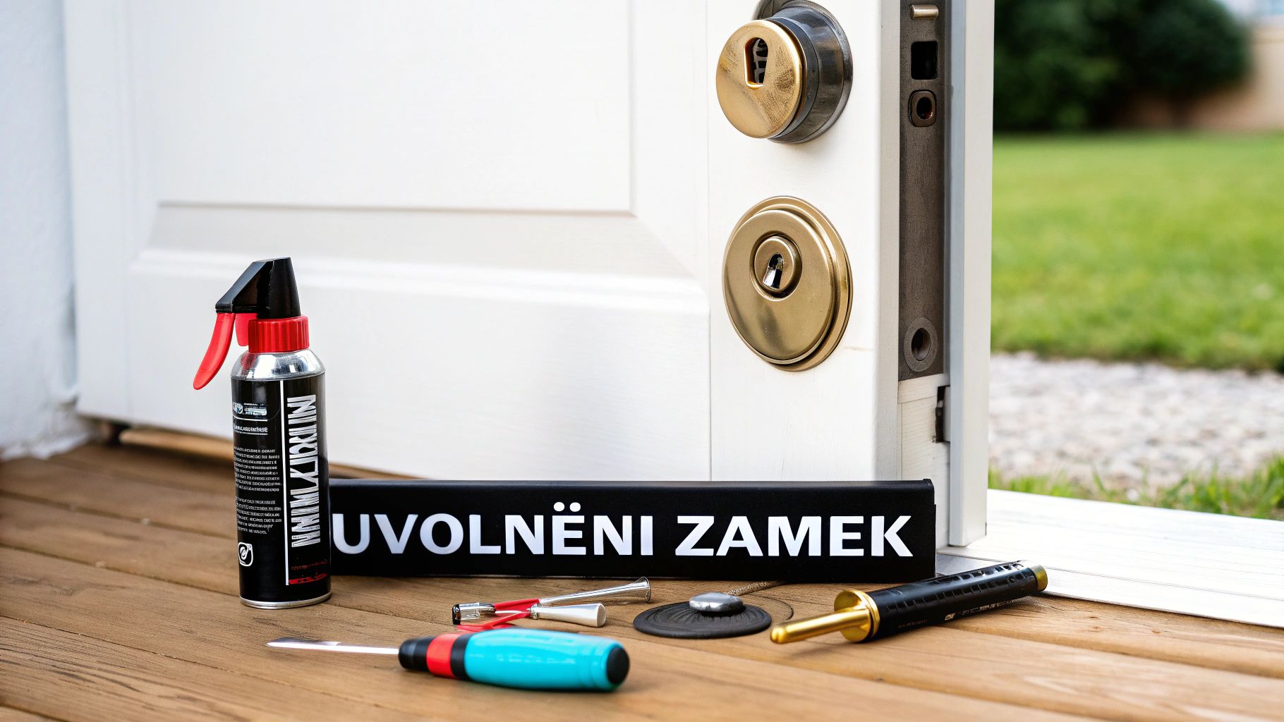 Sada nástrojů a sprej pro údržbu zámku vedle otevřených dveří s nápisem Uvolnění Zámek.