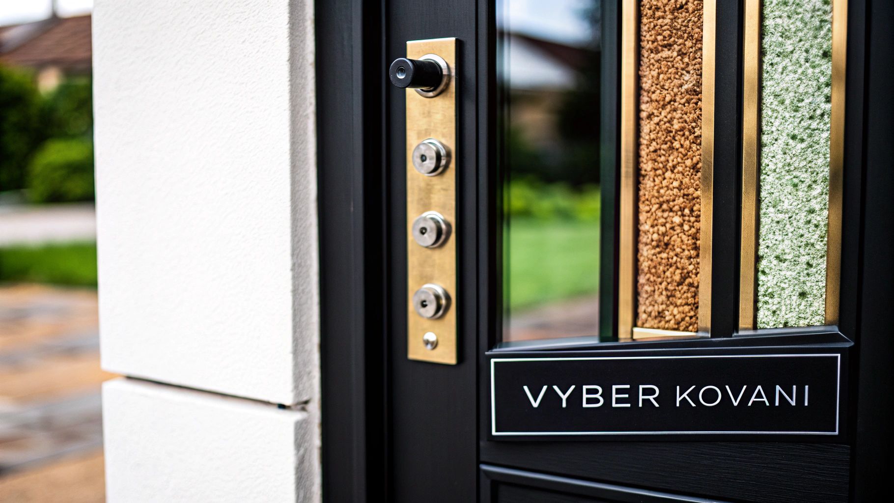 Moderní bezpečnostní kování na černých vchodových dveřích se zlatou montážní deskou a pěti body zajištění