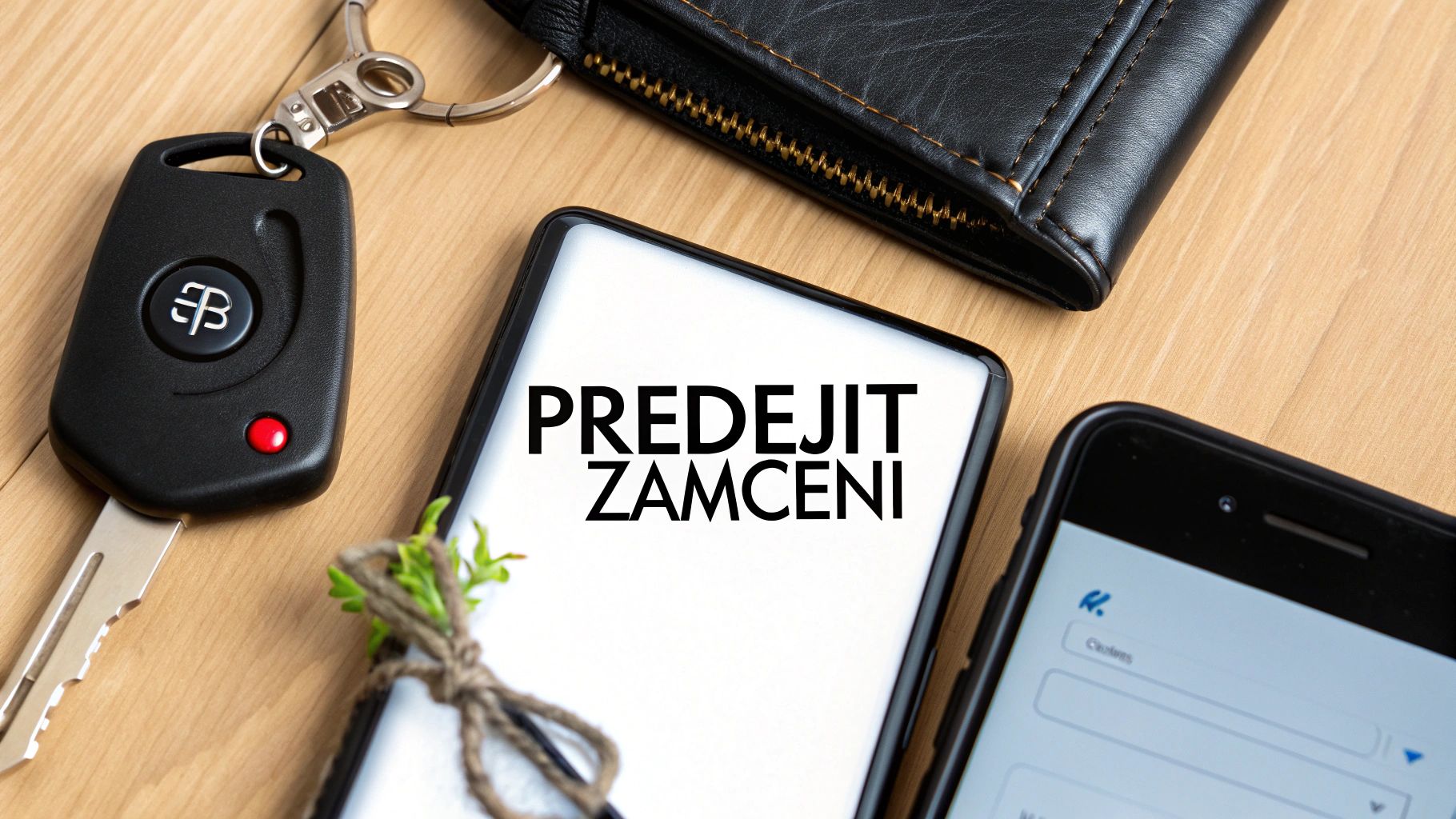 Klíče od auta, peněženka a mobilní telefony leží na dřevěném stole, jeden s nápisem 'PREDEJIT ZAMCENI'.