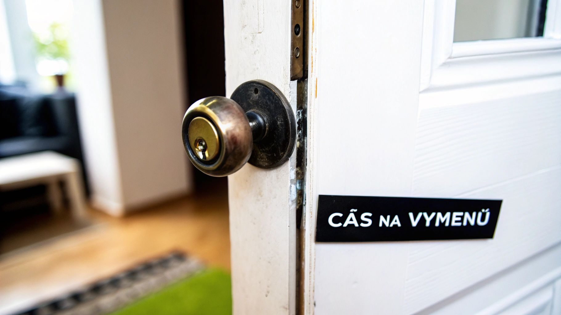 Bílé otevřené dveře s mosaznou klikou a černou cedulí s textem 'ČAS NA VÝMĚNU'. V pozadí je rozostřený interiér.